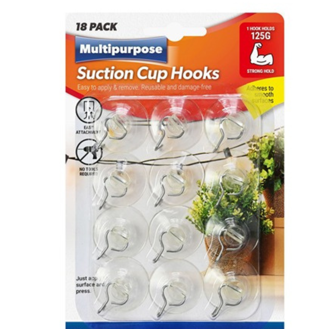 Multipurpose Suction Cup Hooks, Easy to Apply and Remove, Re Useable for Smooth Surfaces- Clear And Strong- Available in Two Sizes 12pk-3.5cm and 18pk- 2.5cm. Multipurpose Suction Cup Hooks, Easy to Apply and Remove, Re Useable for Smooth Surfaces- Clear And Strong- Available in Two Sizes 12pk-3.5cm and 18pk- 2.5cm.